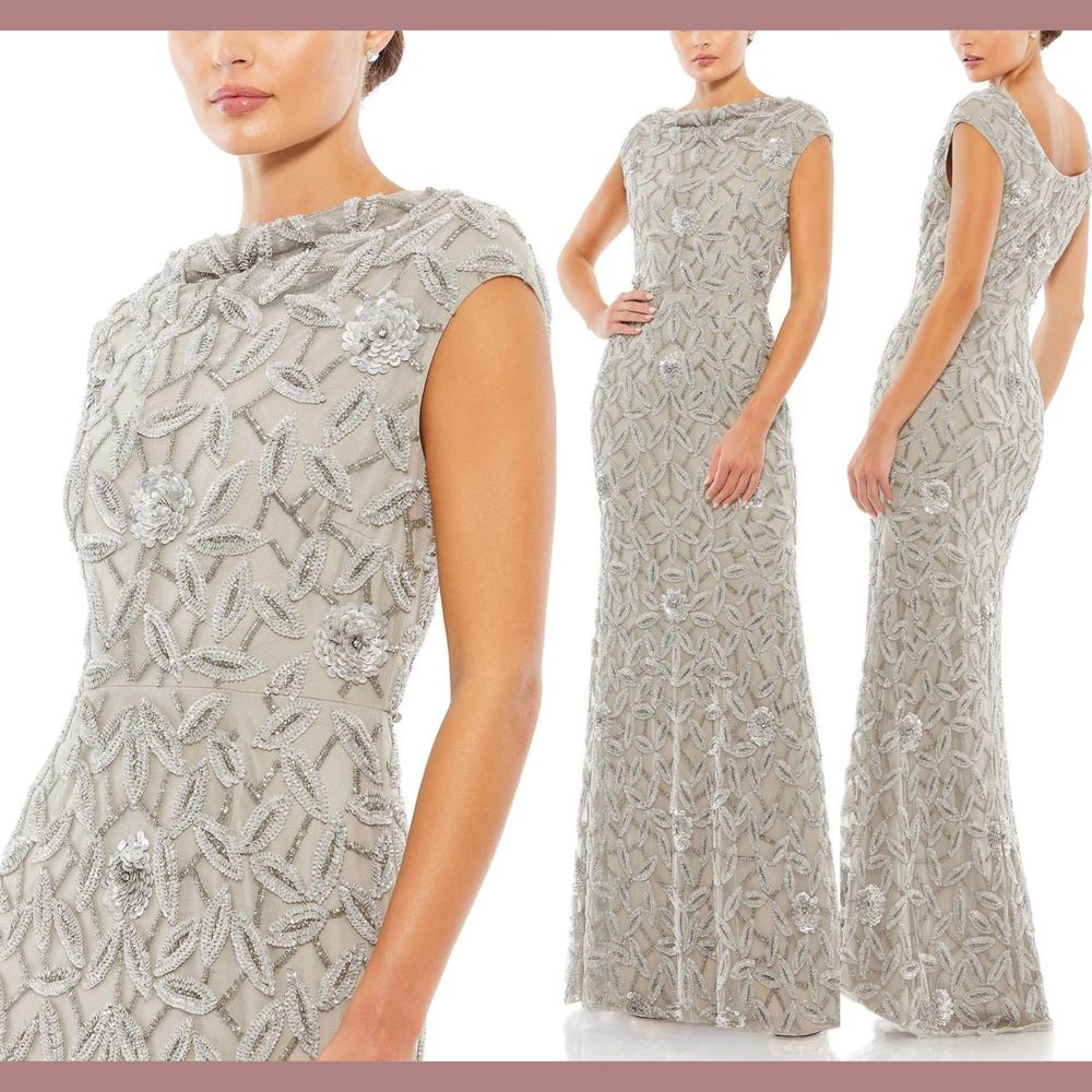 NWT $598 Mac Duggal [ 4 ] 93537 Cowl Neckline Floral Embellished Gown Grey #J304